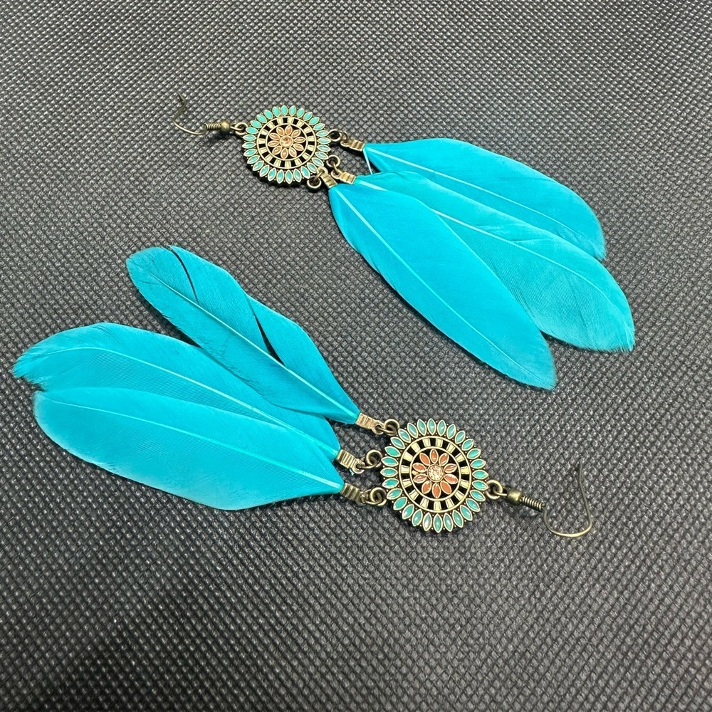 ✨💎 Bohemian Chic Turquoise Feather Dangle Earrings | Festival Statement Jewelry🩵 - Picture 14 of 16